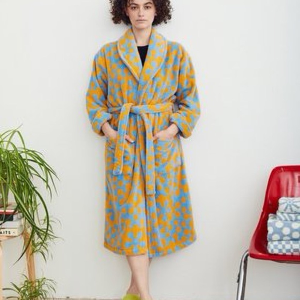 Dusen Dusen Atom Bathrobe Robe Marigold Cornflower Blue Cotton Terry XS - Picture 2 of 9